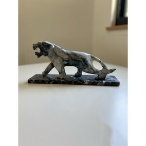 Vintage Marble Panther Statue Black White Stone Sculpture Mid Century Modern